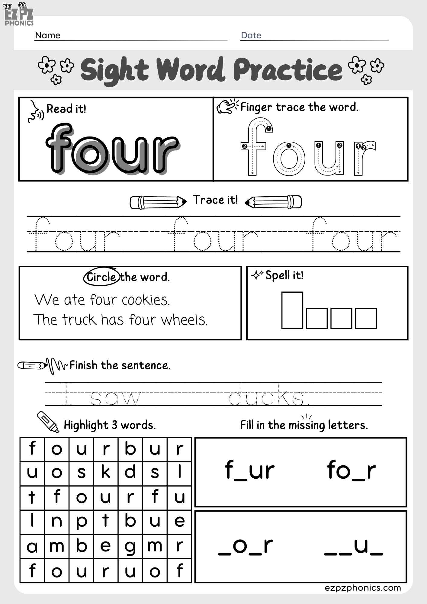 Dolch Kindergarten Sight Word "Four" – Engaging Activities Free PDF Download